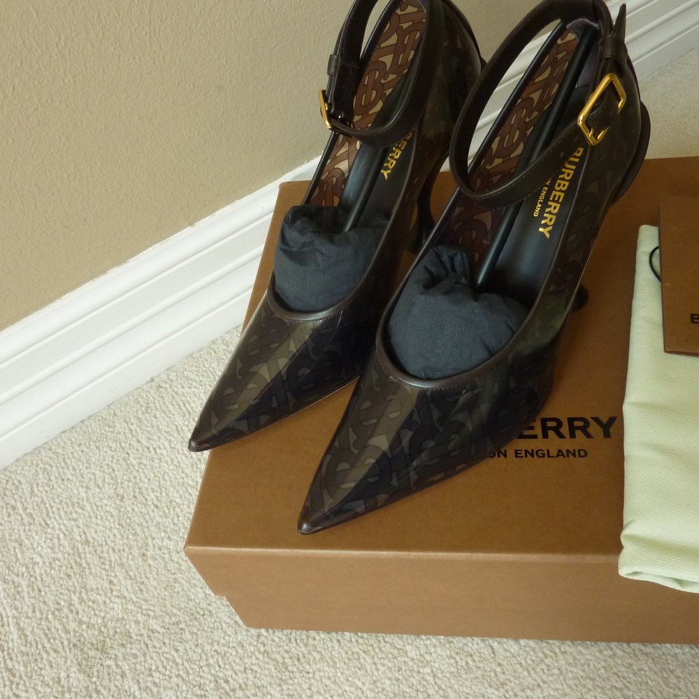 BURBERRY 'Evan' TB Monogram Logo Ankle-Strap Transparent Pumps (Brown) - 7B - Picture 6 of 15